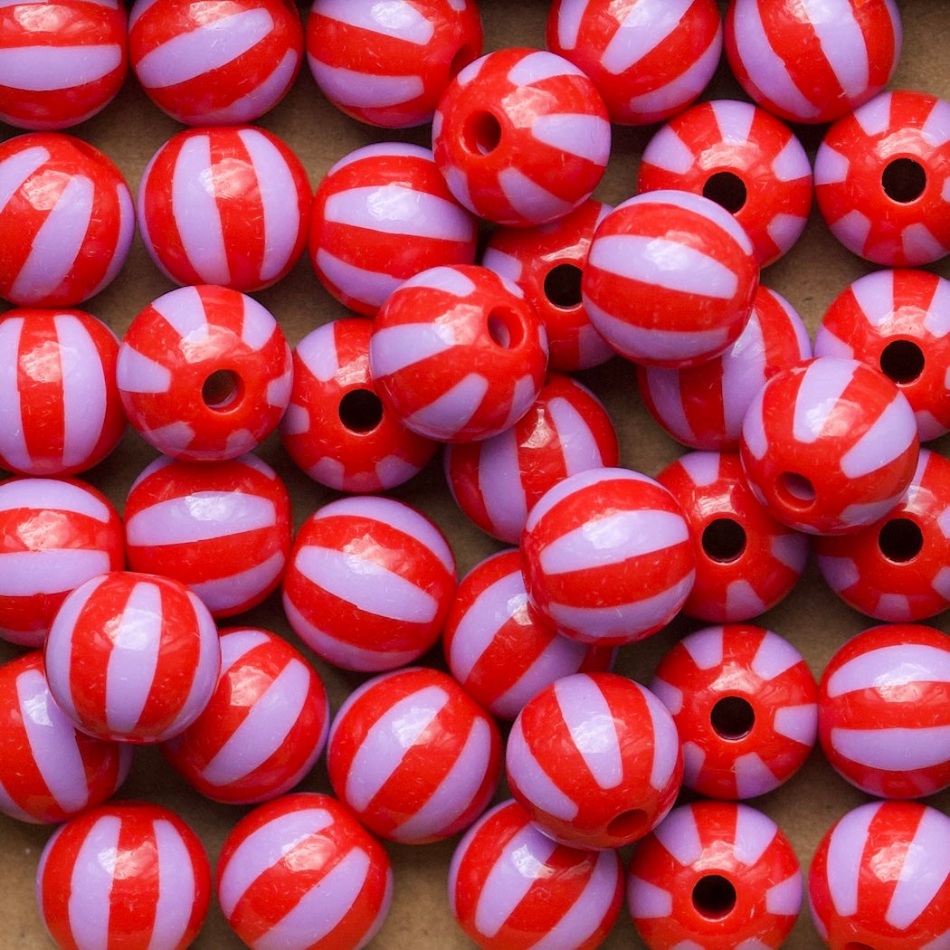 Rood/lila gestreepte ronde acryl kralen