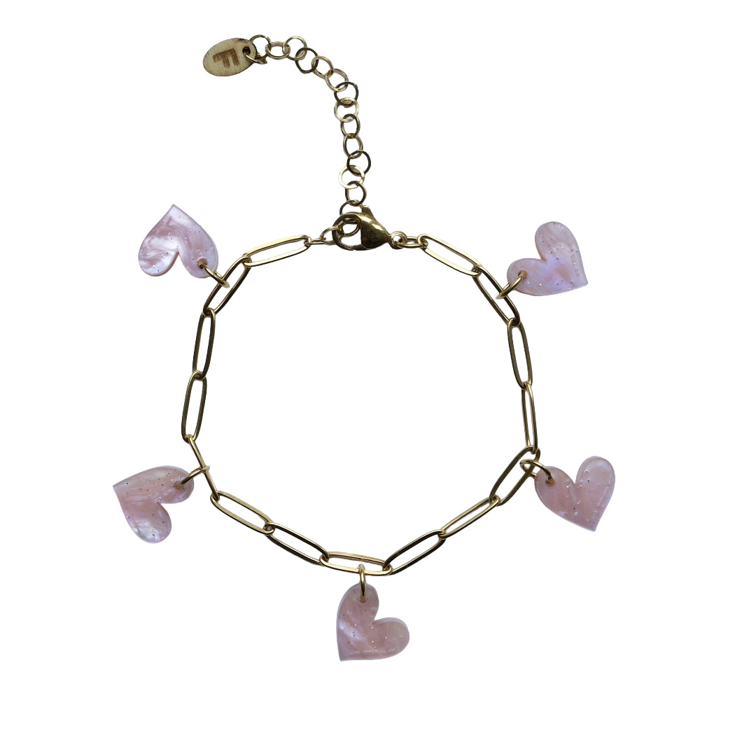 Bedelarmband – Roze Hartjes – Glitter Acryl