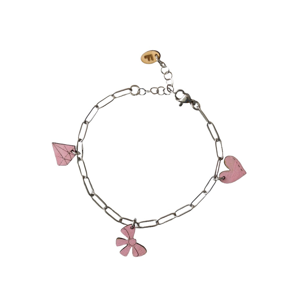 Armbandje β Zilverkleurig RVS Kettinkje met fun bedeltjes - roze