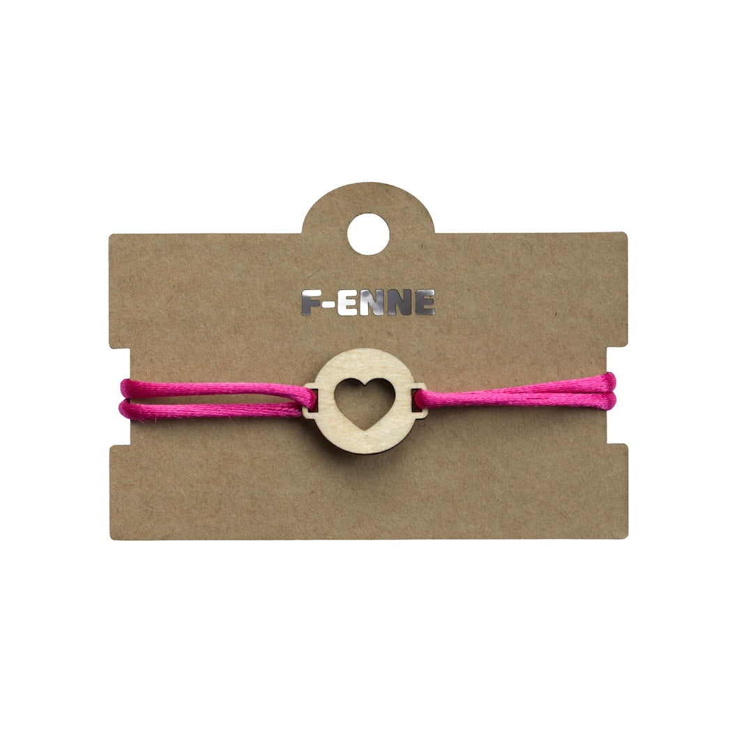 Armbandje – Neon roze satijn met houten hartje
