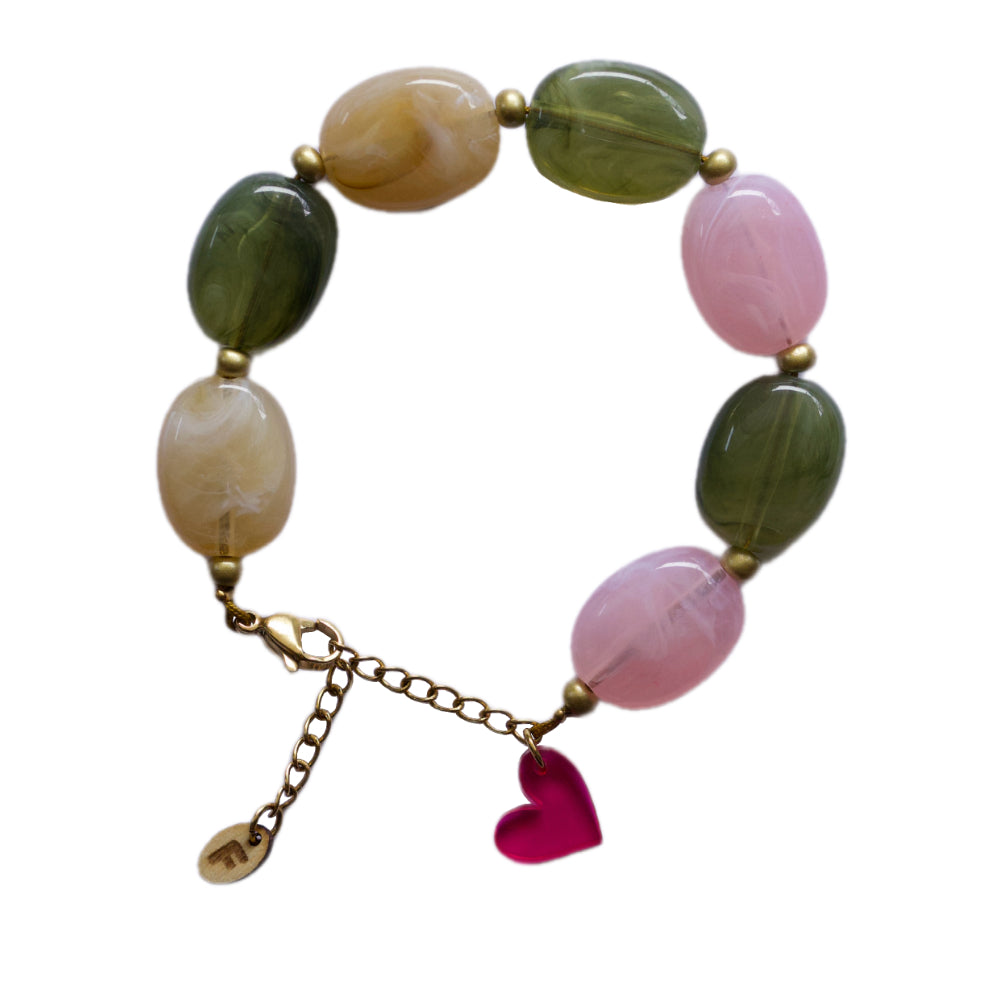 Chunky kralenarmband – Olijfgroen, beige & roze