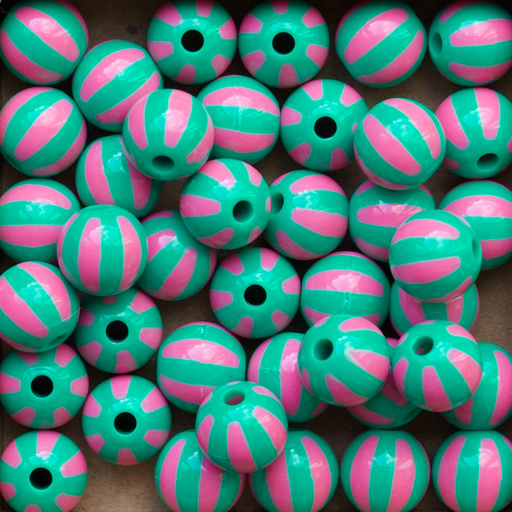 Groen/roze gestreepte ronde acryl kralen