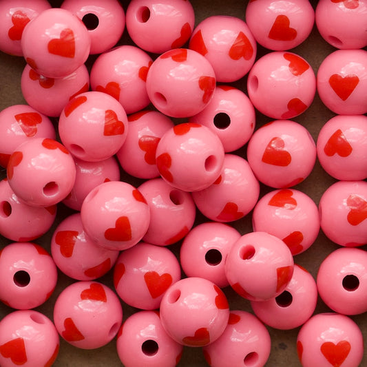 Roze met rood hartje ronde acryl kralen