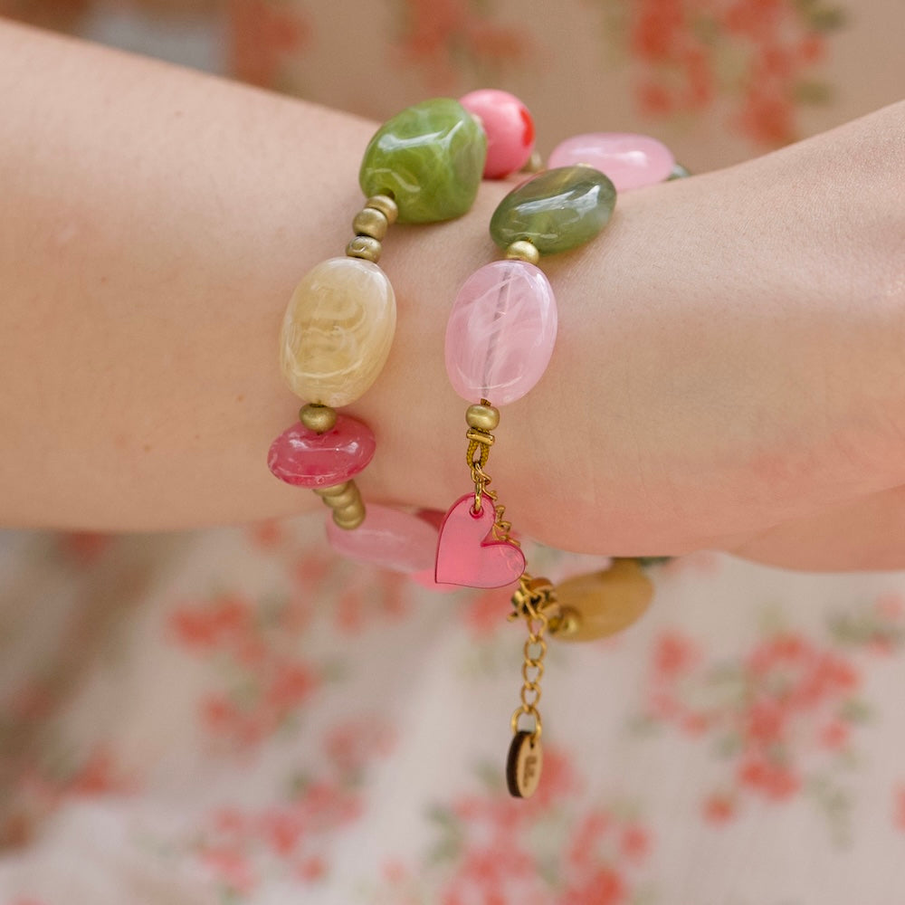 Chunky kralenarmband – Olijfgroen, beige & roze