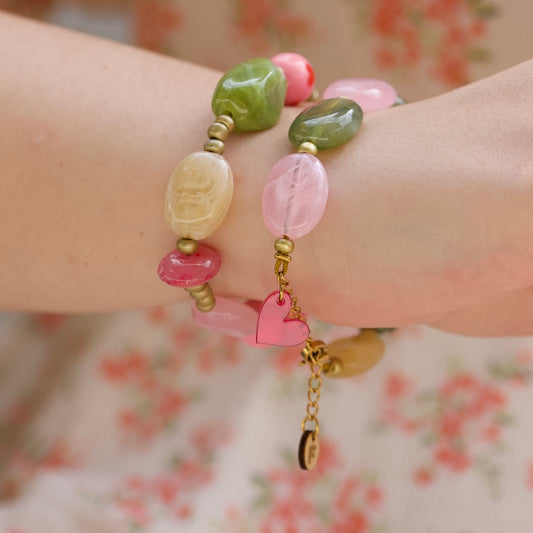 Chunky kralenarmband – Olijfgroen, beige & roze