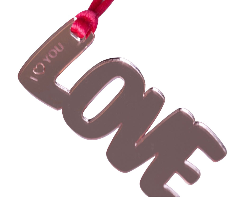 LOVE sleutel- & tashanger – roze spiegel acryl