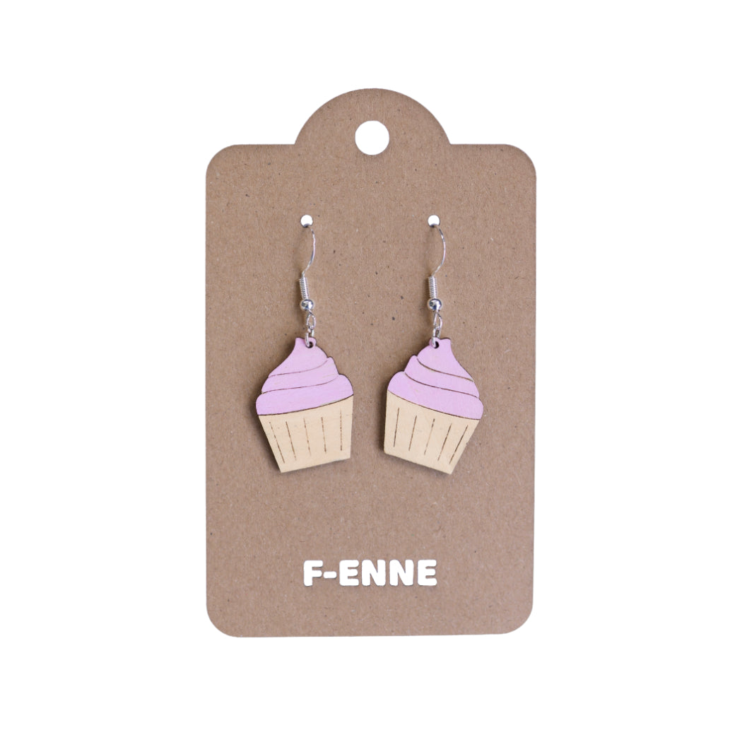 Oorbellen - Cupcake houten hanger - gekleurd