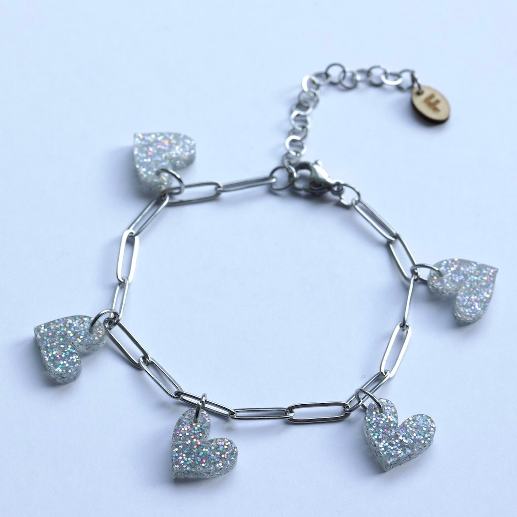 Bedelarmband – Hartjes - Glitter acryl