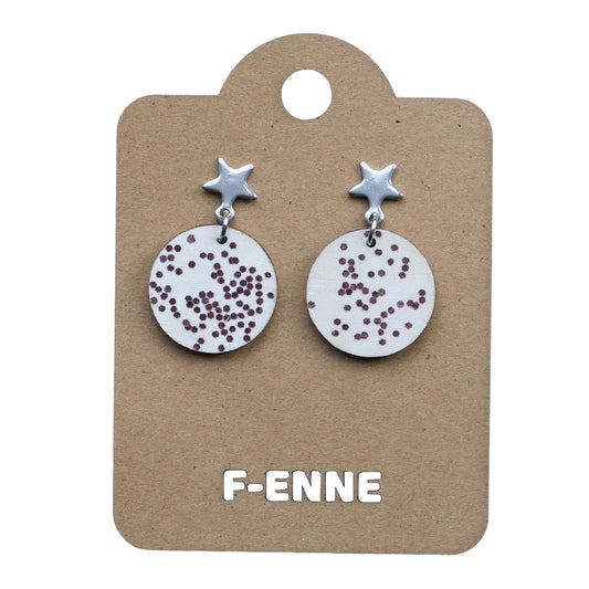 Kerstoorbellen – witte cirkel met paarse glitter